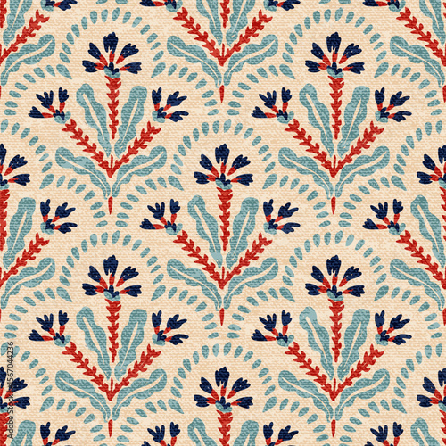 Vintage folk seamless pattern. Embroidery style floral branches. Repeat textile background. Vector illustration.