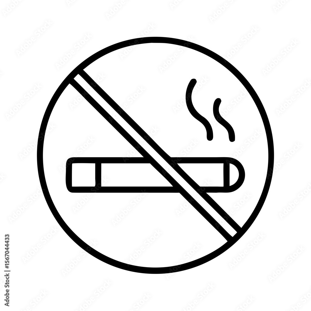 No smoking sign with cigarette illustration in circular shape No smoking sign with cigarette illustration in circular shape