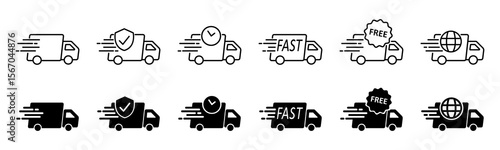 Delivery Truck Icon Set in line and solid style isolated on white background. Fast shipping delivery truck. Editable stroke. Vector illustration.