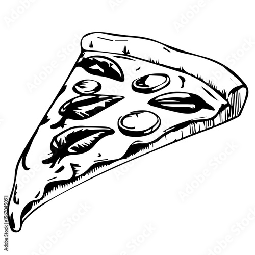 Pizza with anchovies slice illustration, black and white style, food graphic design, copy space