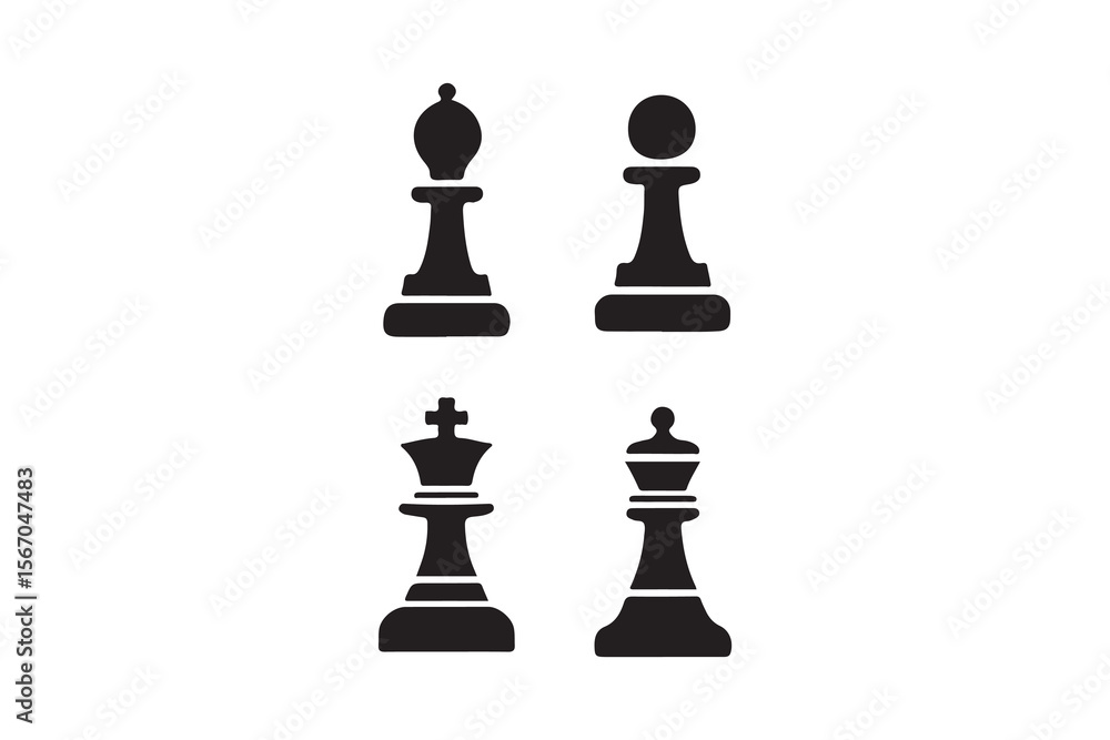 Chess Pieces: Rook, Bishop, King, and Queen.Simple, black and white silhouette illustration of standard chess pieces. Chess Pieces: Rook, Bishop, King, and Queen.Simple, black and white silhouette illustration of standard chess pieces.