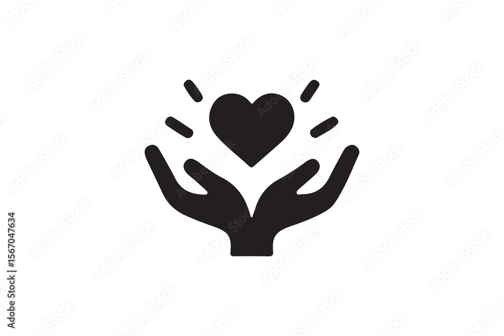 Obraz premium Hands Holding a Heart Symbol Representing Love and Care.A simple, black and white graphic design of hands holding a heart, radiating outward with small lines, suggesting love, care, and protection.