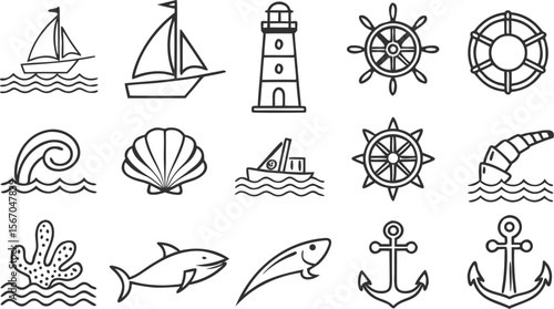 Nautical Icons Ships, Anchors, and Sea Life Line Art Graphics