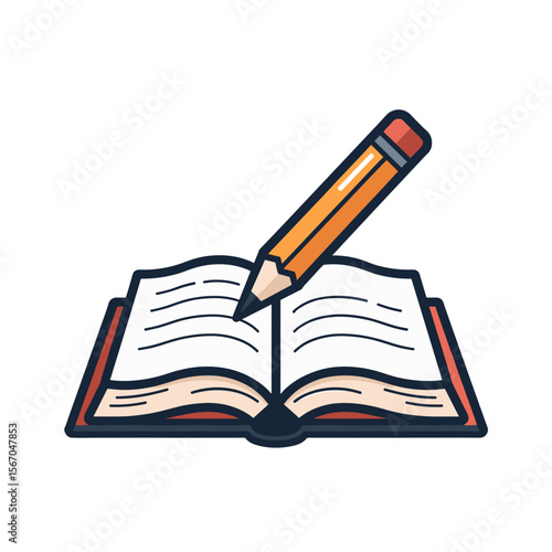 Open book with a pencil poised for writing on the empty pages