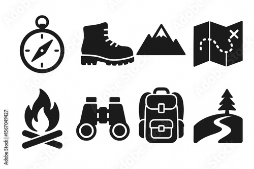 Explorer Essentials Icon Set – Minimalist Flat Symbols for Wilderness Travel and Outdoor Lifestyle