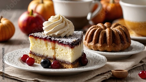 Wallpaper Mural A delectable slice of cheesecake topped with a swirl of cream and berries, surrounded by autumn-themed decorations. Torontodigital.ca