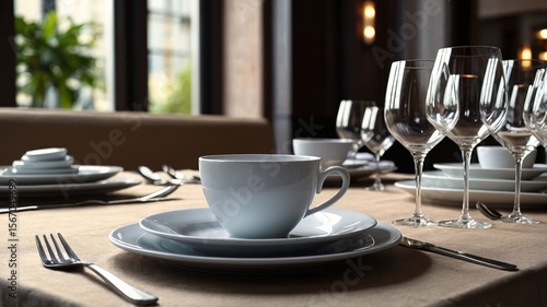 Wallpaper Mural Elegant table setting featuring a white cup, plates, and fine glassware, creating a sophisticated dining atmosphere. Torontodigital.ca
