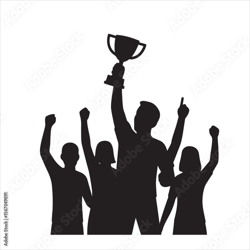 Victorious Team Celebrating with Trophy Silhouette - Group Achievement, Success, and Championship Victory Icon