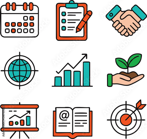Business and finance vector icon set: web, infographic, chart, and globe symbols for modern design