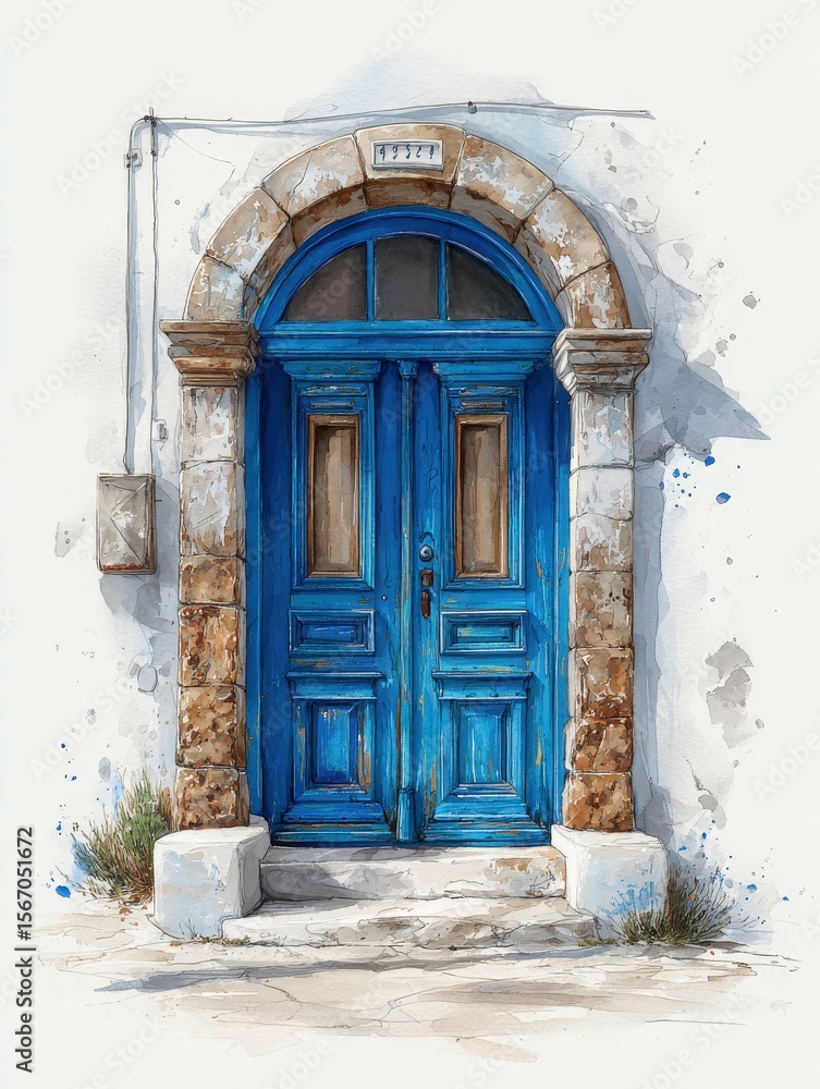 Fototapeta premium A vibrant blue door framed by a textured stone archway adds charm to a white-washed wall. Sunlight casts soft shadows, enhancing the inviting nature of the entrance.
