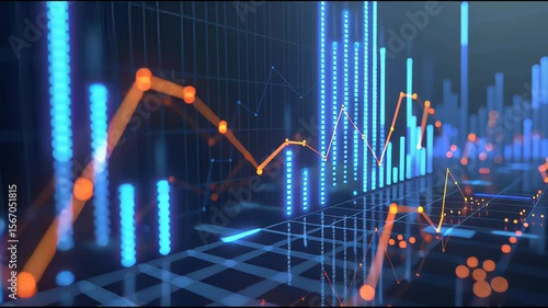 Wallpaper Mural High-tech 3D line graph animation with orange nodes and holographic network connections, featuring floating data labels and dashboard overlays for cross-asset portfolio trend analysis and risk managem Torontodigital.ca
