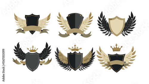 Collection of heraldic shield emblem logo design with wings and crown vector art
