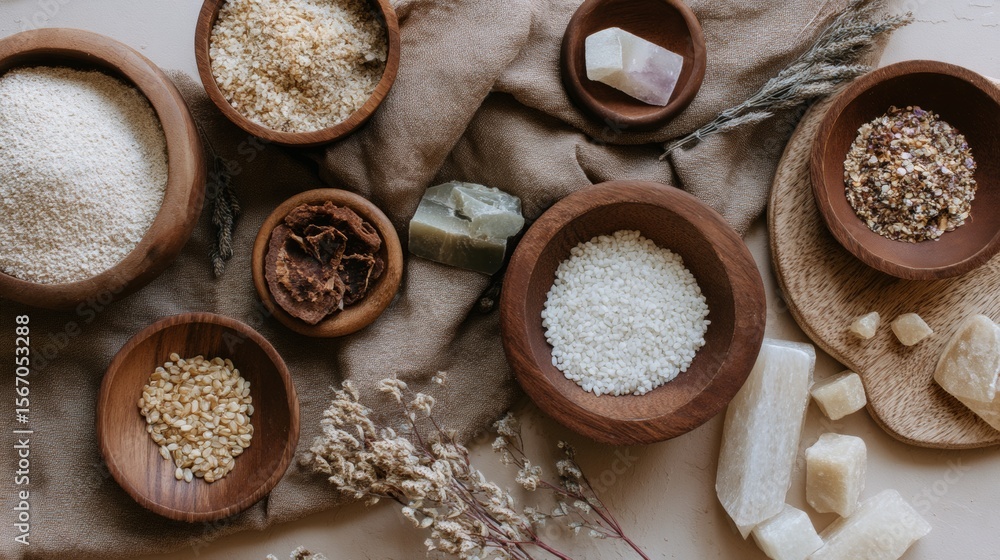 Fototapeta premium Variety of whole grains and flours in ceramic bowls flatlay for nutrition and food concept