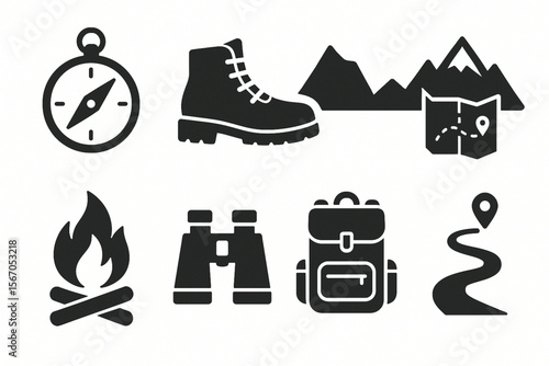 Explorer Essentials Icon Set – Minimalist Flat Symbols for Wilderness Travel and Outdoor Lifestyle