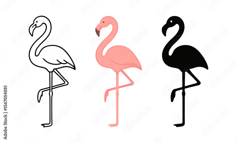 Obraz premium Diverse flamingo designs: outline, full color, and silhouette representation