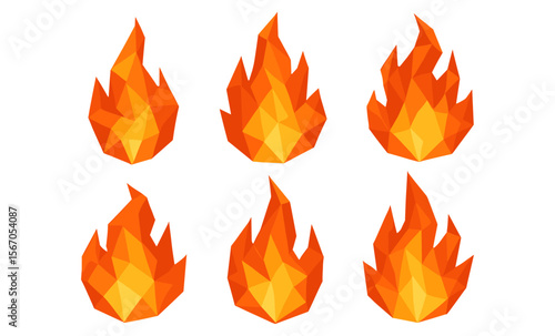 Geometric flames set on white background featuring vibrant polygonal design elements