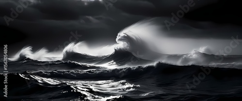 Dramatic storm clouds swirling over dark choppy ocean waves in monochrome high contrast