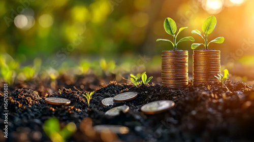 Wallpaper Mural Small plant growing among coins on soil perfect for investment or eco-friendly financial concepts Torontodigital.ca