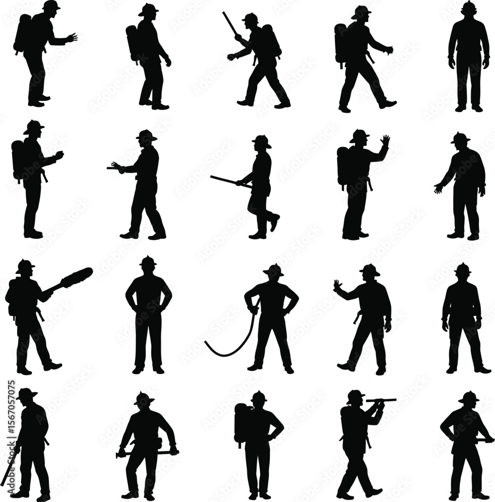 Obraz premium Firefighters silhouettes diverse poses action safety