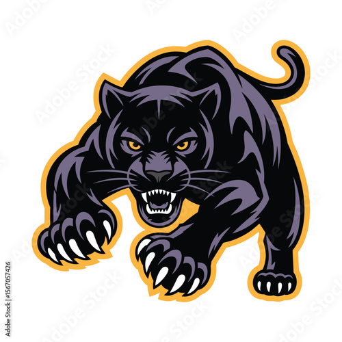 Aggressive black panther mascot illustration showing teeth and claws with bold outlines