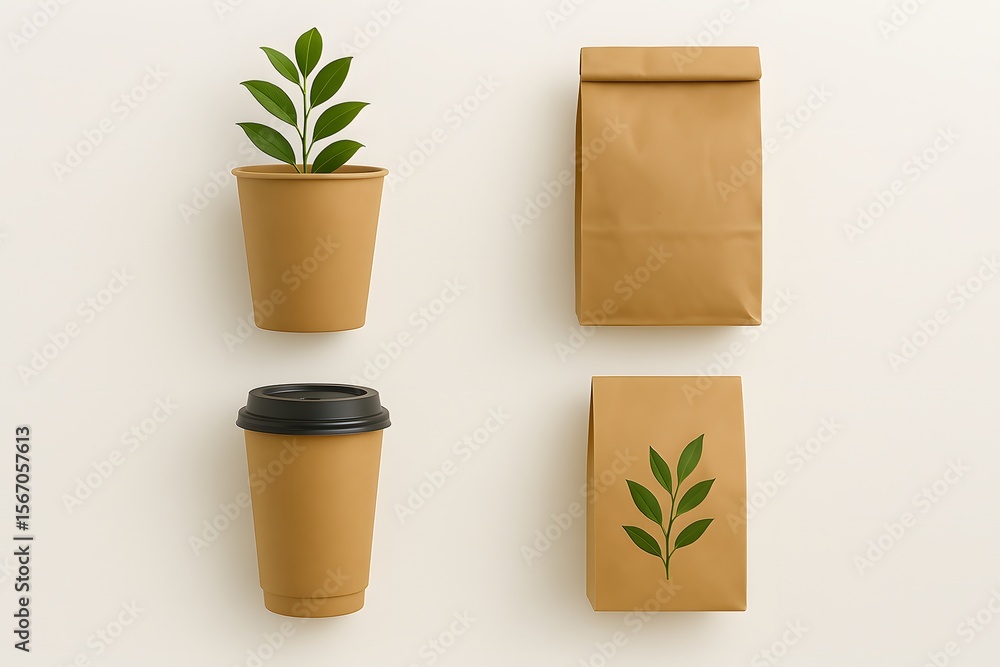 Fototapeta premium Eco Friendly Packaging with Plant Coffee Cup and Paper Bags
