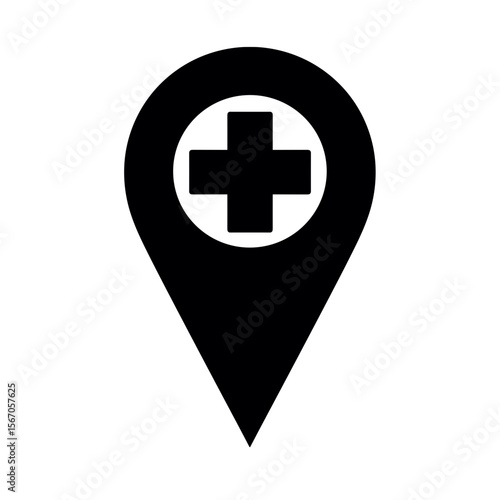 Emergency location pin with medical cross, healthcare navigation aid symbol