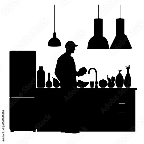 Silhouette of person in kitchen with produce, home cooking preparation