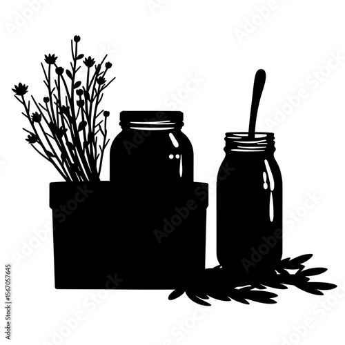 Herbal jars and spoon silhouette, natural apothecary elements