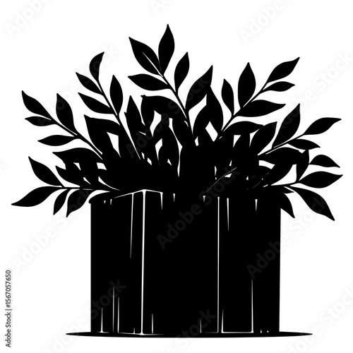 Silhouette of leafy greens in rustic box, black and white illustration, fresh harvest
