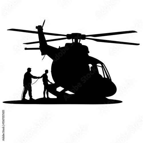 Silhouette of emergency helicopter loading passenger, critical care rescue operation