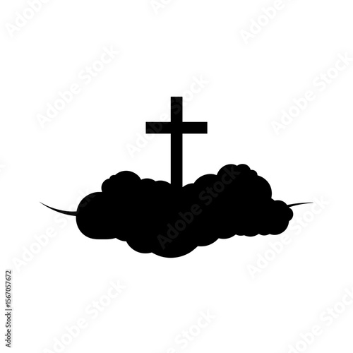 Cross silhouette emerging from cloud on white background, religious symbolism