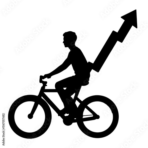 Silhouette of cyclist with upward chart arrow, business growth symbolism