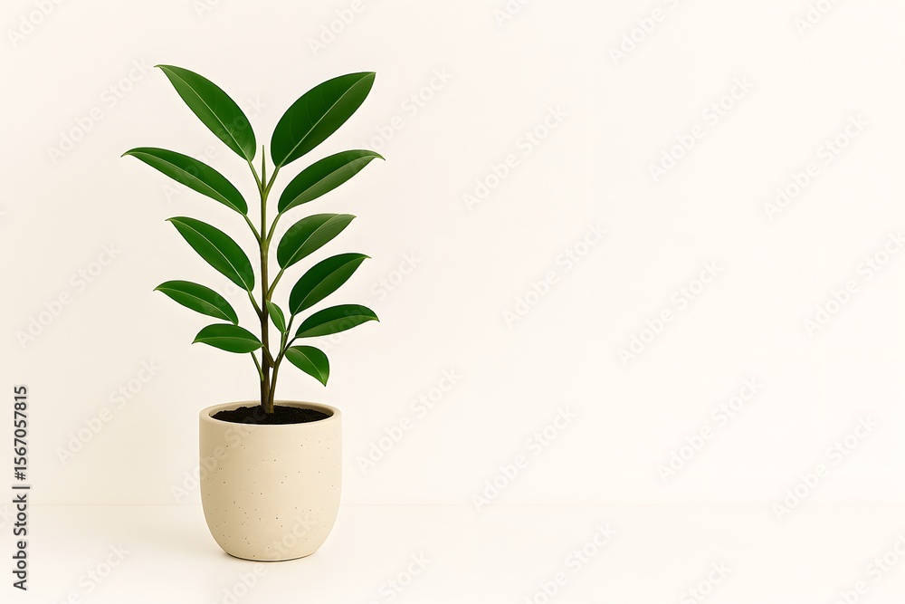Green Plant in Beige Pot on White Surface with Leaves Green Plant in Beige Pot on White Surface with Leaves
