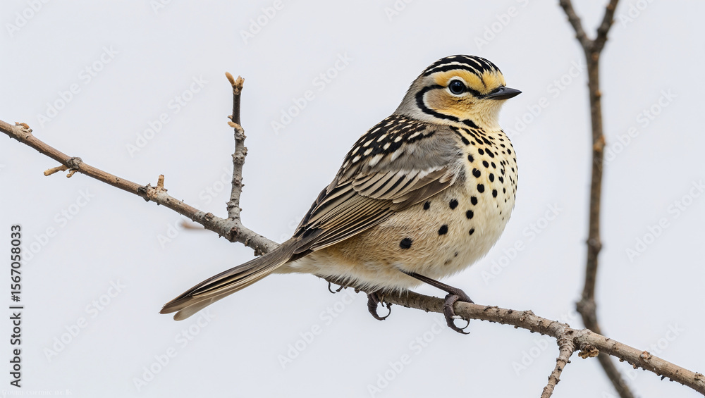 Fototapeta premium Lark bunting bird perched on a branch against a white sky