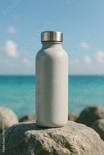 White Water Bottle on Rock with Ocean and Sky Backdrop