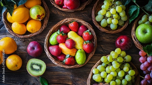 Fototapeta Naklejka Na Ścianę i Meble -  Top view of assorted fruits in wooden bowls on table for healthy eating nutrition food photography background display