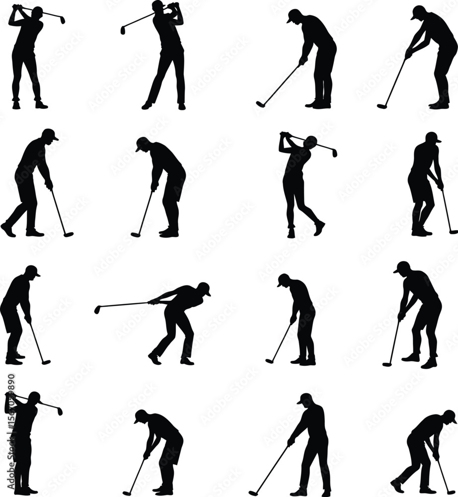 Naklejka premium Golfers silhouette action shots diverse poses