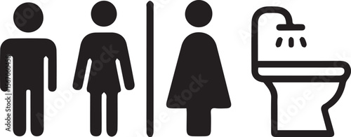A black and white vector image displays icons for male, female, and unisex restrooms, alongside a toilet with a shower head, symbolizing various public facilities.