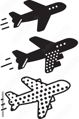
A black and white vector image displays three airplanes, each with speed lines: one solid, one with textured wings, and one entirely patterned with dots.