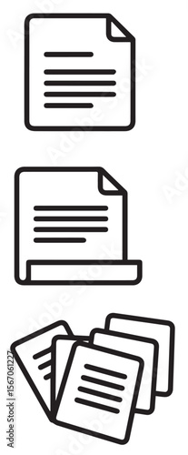 
A vector image shows a single document with text at the top, a document with a scroll bar in the middle, and a fanned stack of documents at the bottom, all outlined.