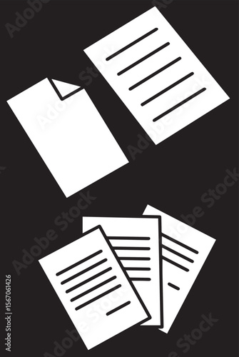 A black and white vector image depicts two individual documents at the top, one blank and one with text, and three documents fanned out below, all with text.