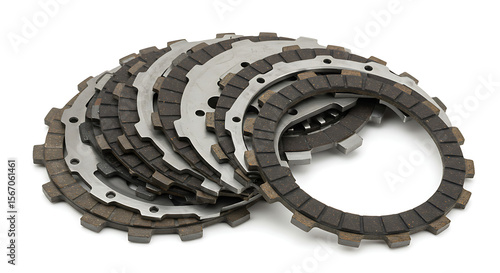 A complete motorcycle clutch kit, featuring a new set of friction and steel plates, neatly fanned out and isolated on a clean white background. 