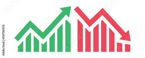 Graph going down and up sign with green and red arrows vector. Bar chart symbol icon with arrow moving down and sales bar chart with arrow moving up.
