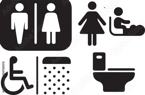 A vector image displaying various black and white public restroom and hygiene icons: male/female, changing station, disabled access, shower, and toilet.