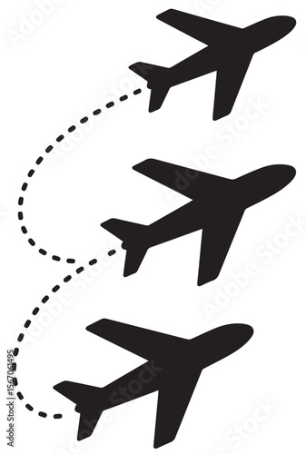 
A vector image displaying three black airplanes in a vertical composition, with dashed lines illustrating their connected flight paths on a white background.