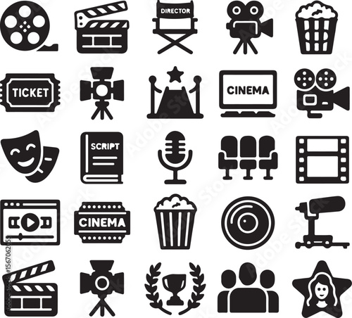 Collection of black and white cinema and movie production icons including film reel clapperboard director chair camera popcorn ticket spotlight red carpet script microphone seats video player and awar