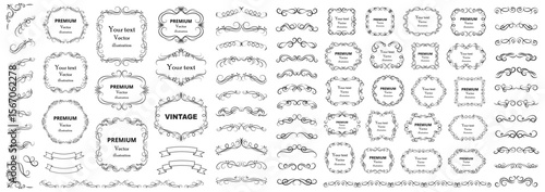 Big set of vector graphic elements for design. Decorative swirls or scrolls, vintage frames , flourishes, labels and dividers. Retro vector illustration