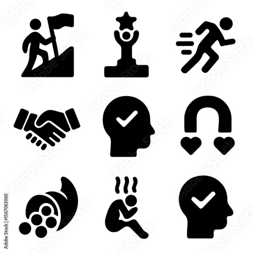 Abstract Icons Grid. Solid, filled icon set of abstract concepts starting with A: ambition, achievement, agility, alliance,