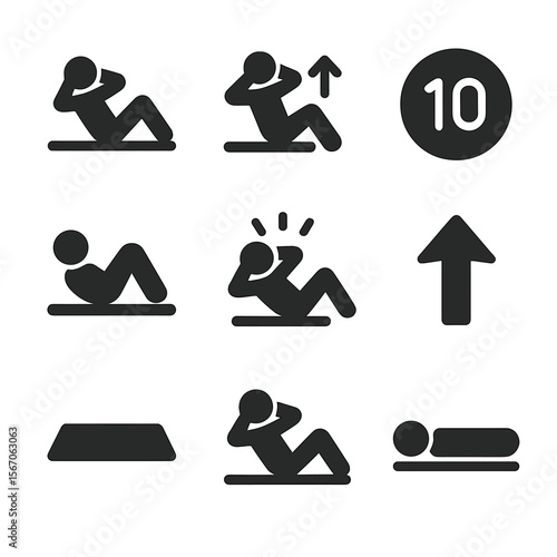 Ab Crunch Icon Set. Solid, filled icon set of ab crunches: person doing crunch, bent knees, hands behind head, gym mat, raised
