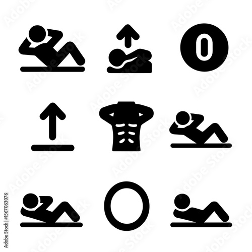 Ab Crunch Icon Set. Solid, filled icon set of ab crunches: person doing crunch, bent knees, hands behind head, gym mat, raised